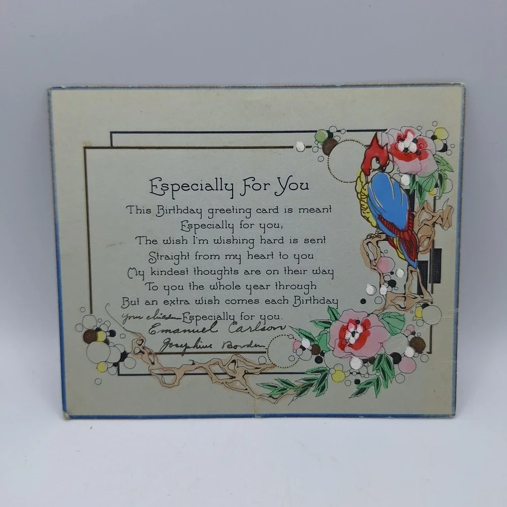 Vintage Emanuel Carlson Josephine Borden Birthday Greeting Card‎ Red Floral